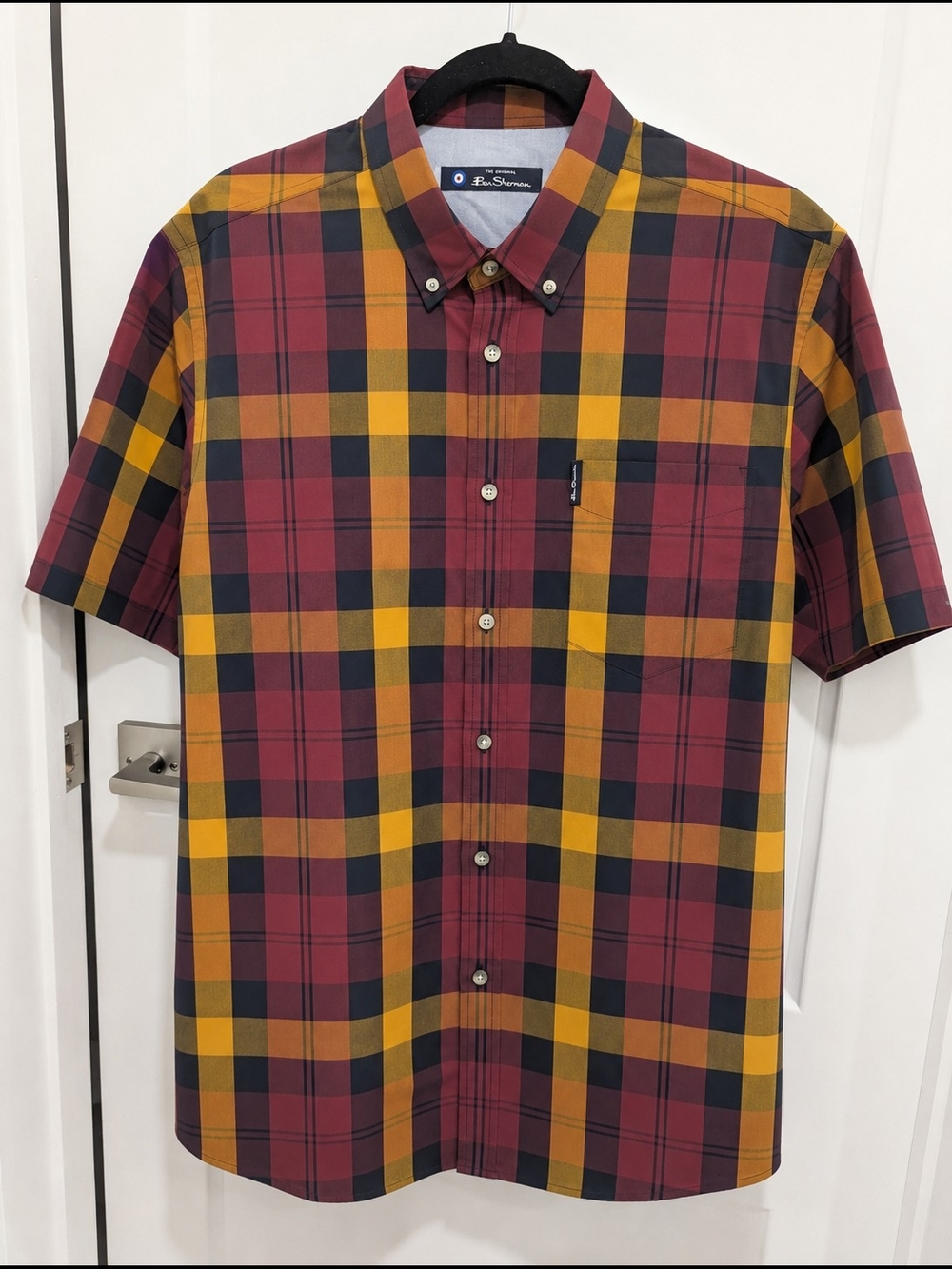 Ben Sherman Short-Sleeve Plaid Button-Down Shirt - Burgundy, Yellow, Black